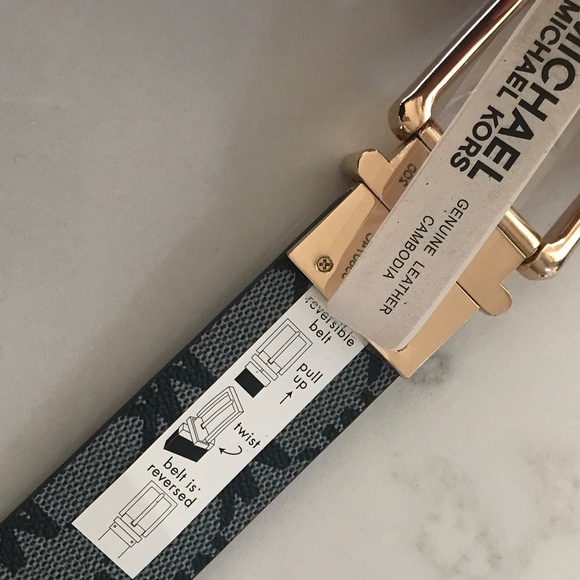 Michael Kors Genuine Leather Belt Reversible XL Gold Buckle with Tan Black/Grey - Picture 3 of 3